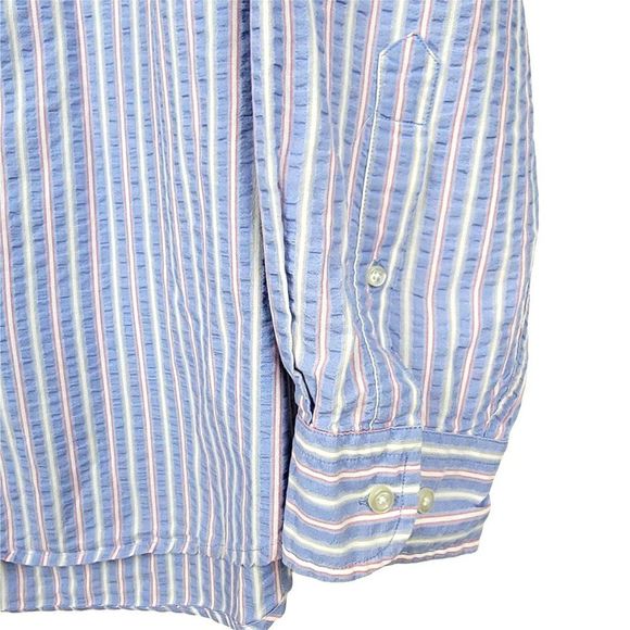 Lands' End Blue Stripes Crepe Textured Cotton Button Long Sleeves Shirt Size L - Picture 8 of 11
